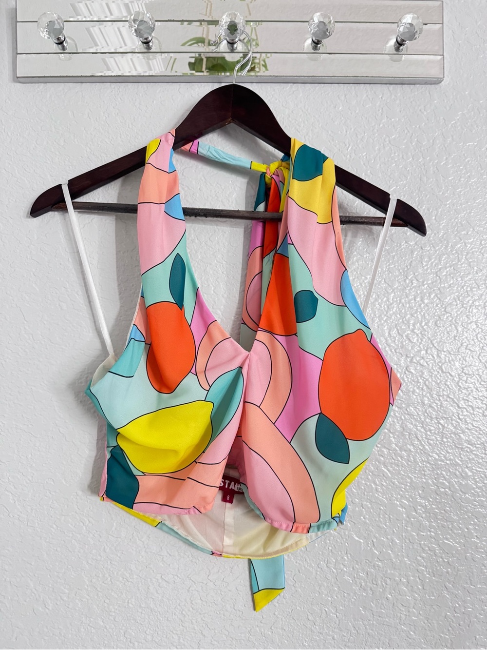 STAUD Multicolor Abstract Halter Crop Top - Pink, Blue, Yellow, Orange, Green - Picture 2 of 6